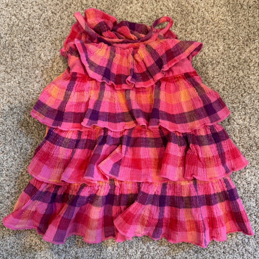 Peek Kids Baby Girl Pink Purple Plaid Tiered Ruffle Metallic Shimmer Dress 3-6M